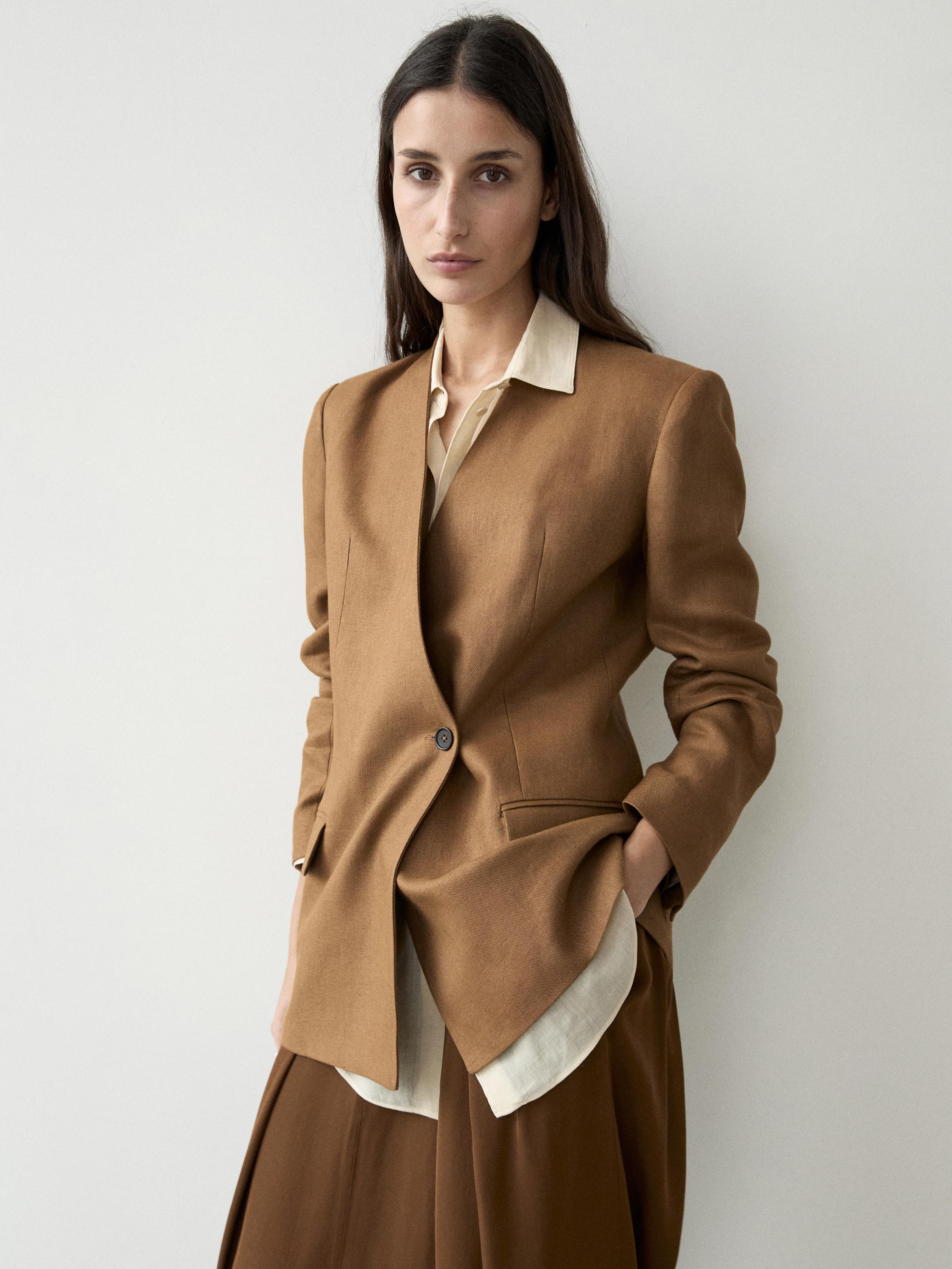 100% linen lapelless double-breasted blazer